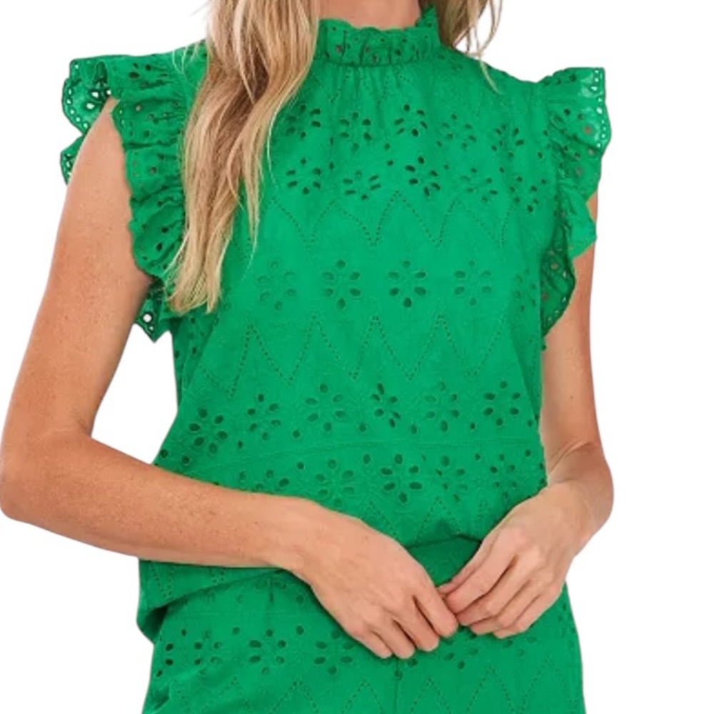 CeCe Green Cotton Eyelet Flutter Sleeve Blouse S